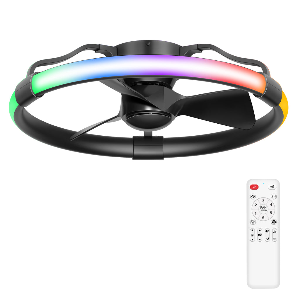 24 Inch Flush Mount RGB Ceiling Fan with Light, Dimmable 3CCT LED Light, 6-Speed Reversible DC Motor, Remote Control, Low Profile Enclosed Fan