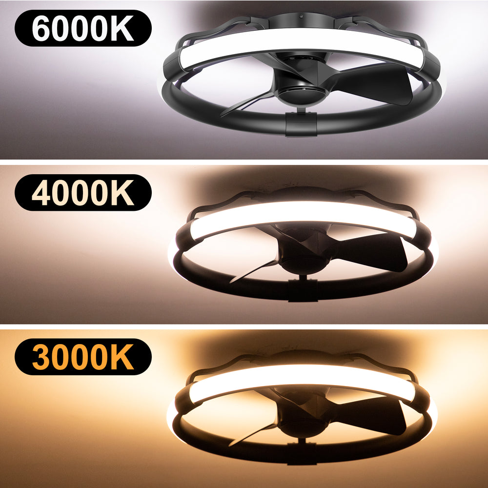 24 Inch Flush Mount RGB Ceiling Fan with Light, Dimmable 3CCT LED Light, 6-Speed Reversible DC Motor, Remote Control, Low Profile Enclosed Fan