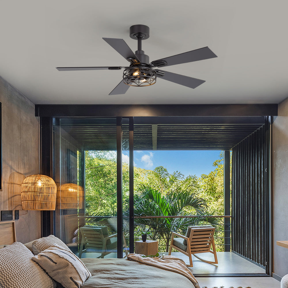 42-inch Ceiling Fan with Distressed White or Matte Black Finish, 5 Reversible Blades, Quiet DC Motor, Remote Control,6" Downrod