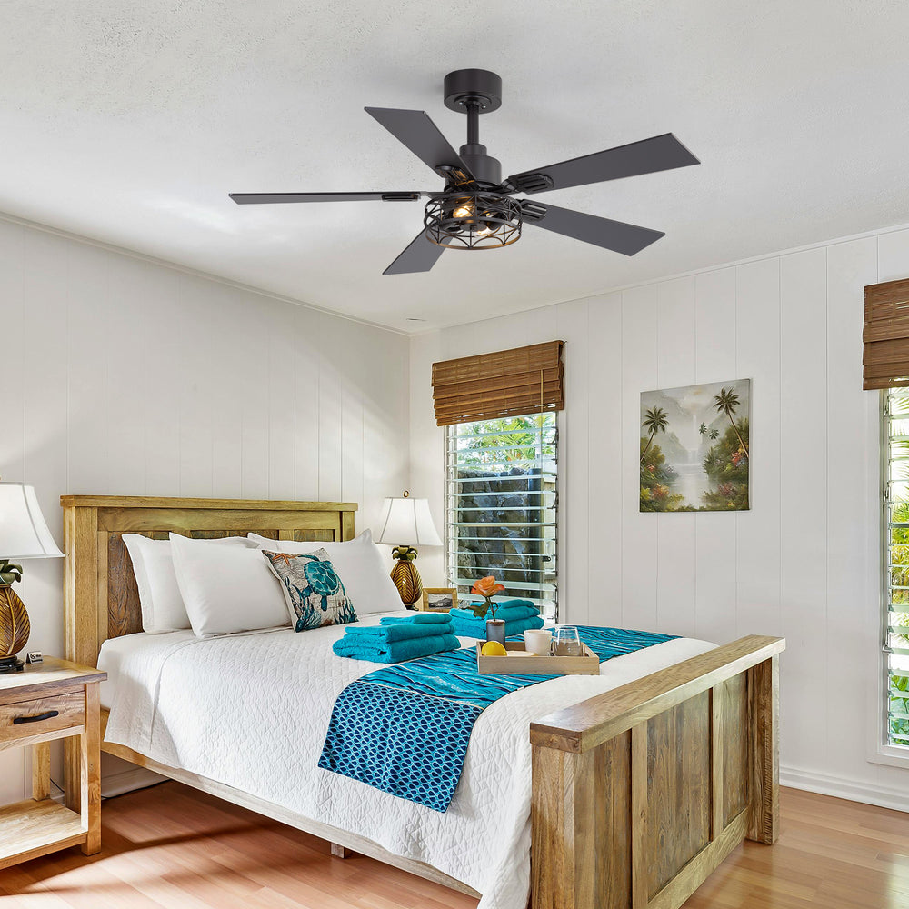 42-inch Ceiling Fan with Distressed White or Matte Black Finish, 5 Reversible Blades, Quiet DC Motor, Remote Control,6" Downrod