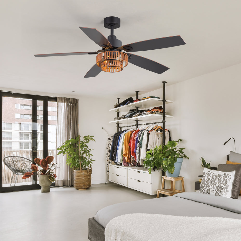 52-inch Farmhouse Ceiling Fan with Light, 5 Dual-Finish Reversible Plywood Blades, Quiet Energy-Saving DC Motor, E12 Bulb Base, 6-Speed Remote Control with Timer, Forward/Reverse Rotation, and 6" Downrod Included