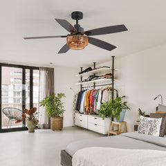 52-inch Farmhouse Ceiling Fan with Light, 5 Dual-Finish Reversible Plywood Blades, Quiet Energy-Saving DC Motor, E12 Bulb Base, 6-Speed Remote Control with Timer, Forward/Reverse Rotation, and 6" Downrod Included