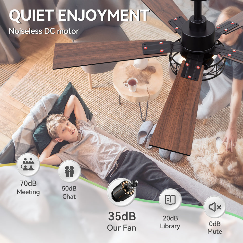 42-inch Ceiling Fan with Distressed White or Matte Black Finish, 5 Reversible Blades, Quiet DC Motor, Remote Control,6" Downrod