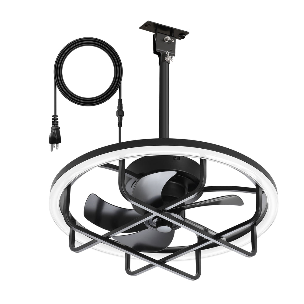 20" Outdoor Ceiling Fan with RGB LED Light, Modern Black Caged Design, Quiet Reversible DC Motor, 6 Speeds, Dimmable, Remote, Timer, Memory