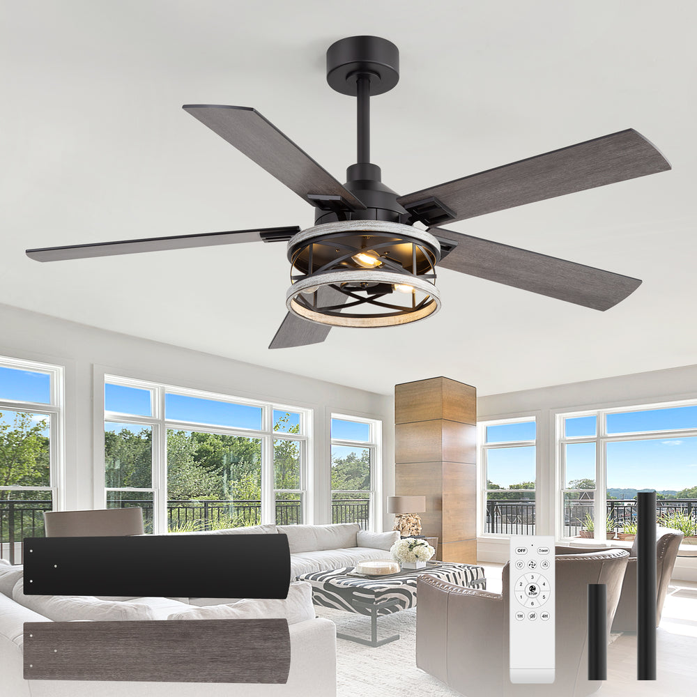 52-inch Industrial Ceiling Fan with Light, Matte Black Finish, Iron Cage Fixture, 5 Reversible  Blades, Three E12 Bulb Base (Bulbs Not Included), Quiet DC Motor, 6 Speeds with Timer, Remote Control, 5" and 10" Downrods Included, Forward/Reverse Airflow