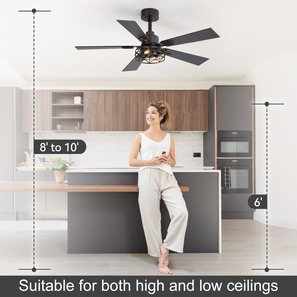 42-inch Ceiling Fan with Distressed White or Matte Black Finish, 5 Reversible Blades, Quiet DC Motor, Remote Control,6" Downrod