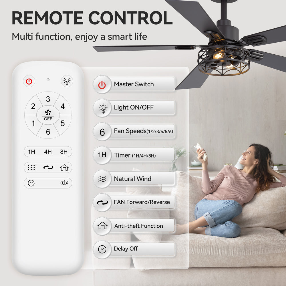 42-inch Ceiling Fan with Distressed White or Matte Black Finish, 5 Reversible Blades, Quiet DC Motor, Remote Control,6" Downrod