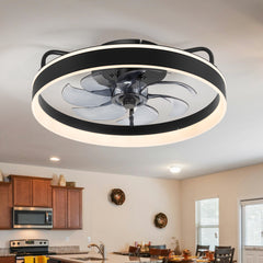 20 inch Black Caged Ceiling Fans with Lights, Low Profile Flush Mount Enclosed Ceiling Fan Remote Control, Reversible DC Motor, Modern Bladeless Ceiling Fan with Led Light for Bedroom