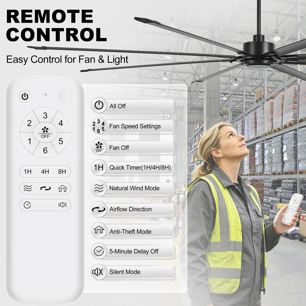 120 Inch Large Industrial Ceiling Fan with 8 Aluminum Blades No Light, Quiet Reversible DC Motor, 6 Speeds, Remote Control, Black, Warehouse Garage Commercial Ceiling Fan