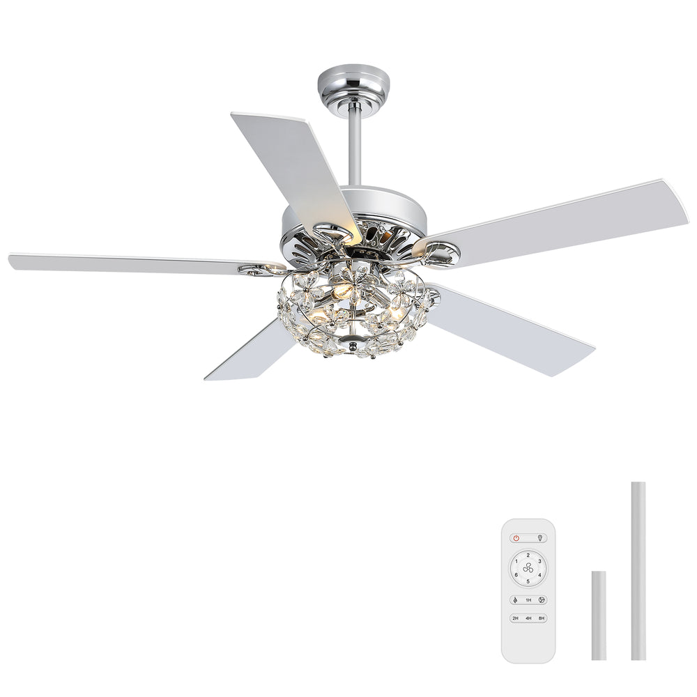 52-Inch Chrome Ceiling Fan with Light, Reversible DC Motor, 6 Speeds Remote Control, 5 Blades, E12 Bulb Base, Downrod Mount