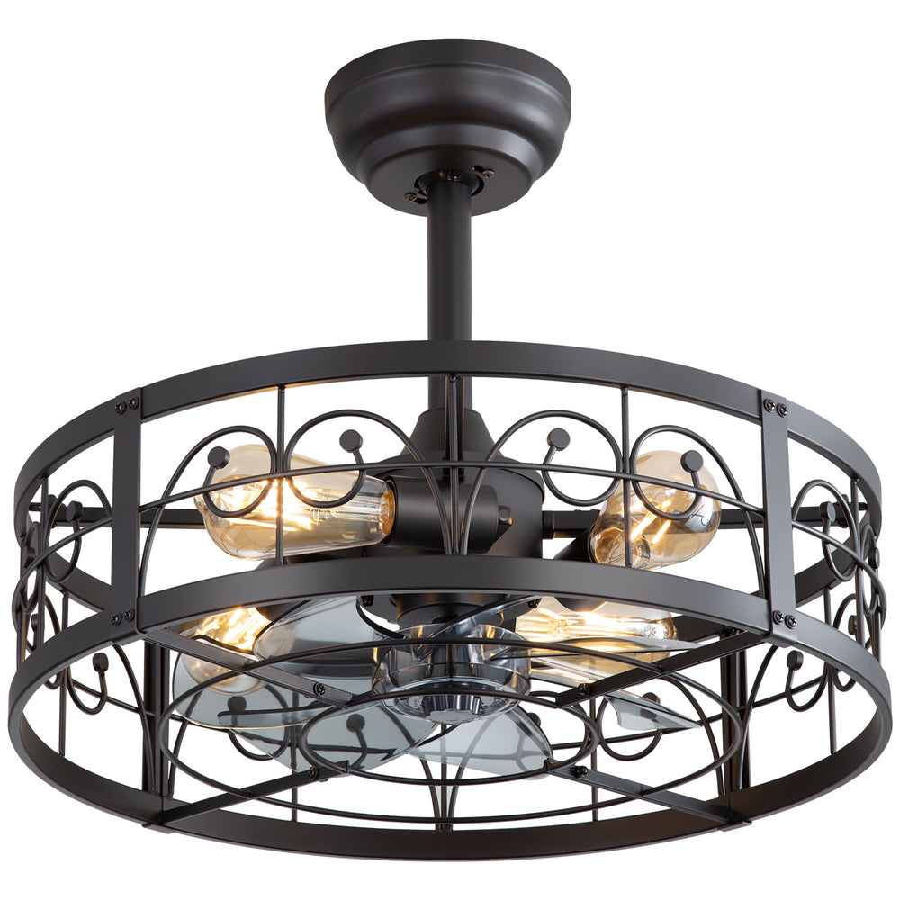 20-inch Matte Black Metal Caged Ceiling Fan with Light and Remote,7 ABS Blades,4in and 8in Downrod Included