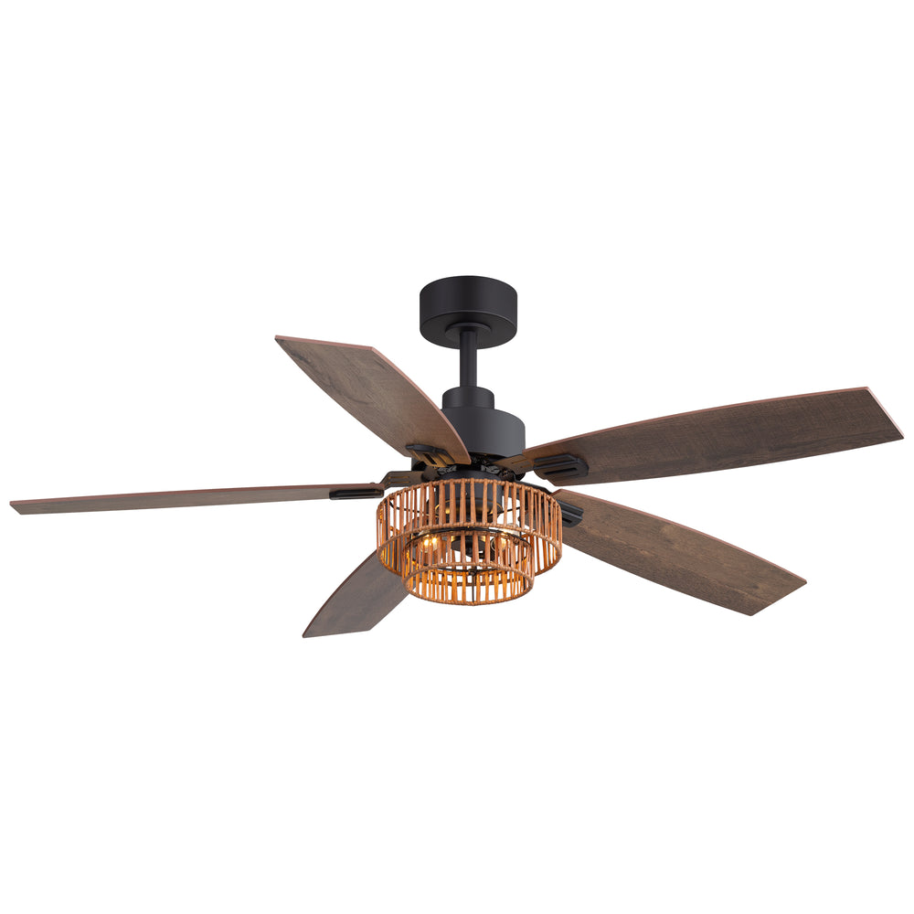 52-inch Farmhouse Ceiling Fan with Light, 5 Dual-Finish Reversible Plywood Blades, Quiet Energy-Saving DC Motor, E12 Bulb Base, 6-Speed Remote Control with Timer, Forward/Reverse Rotation, and 6" Downrod Included