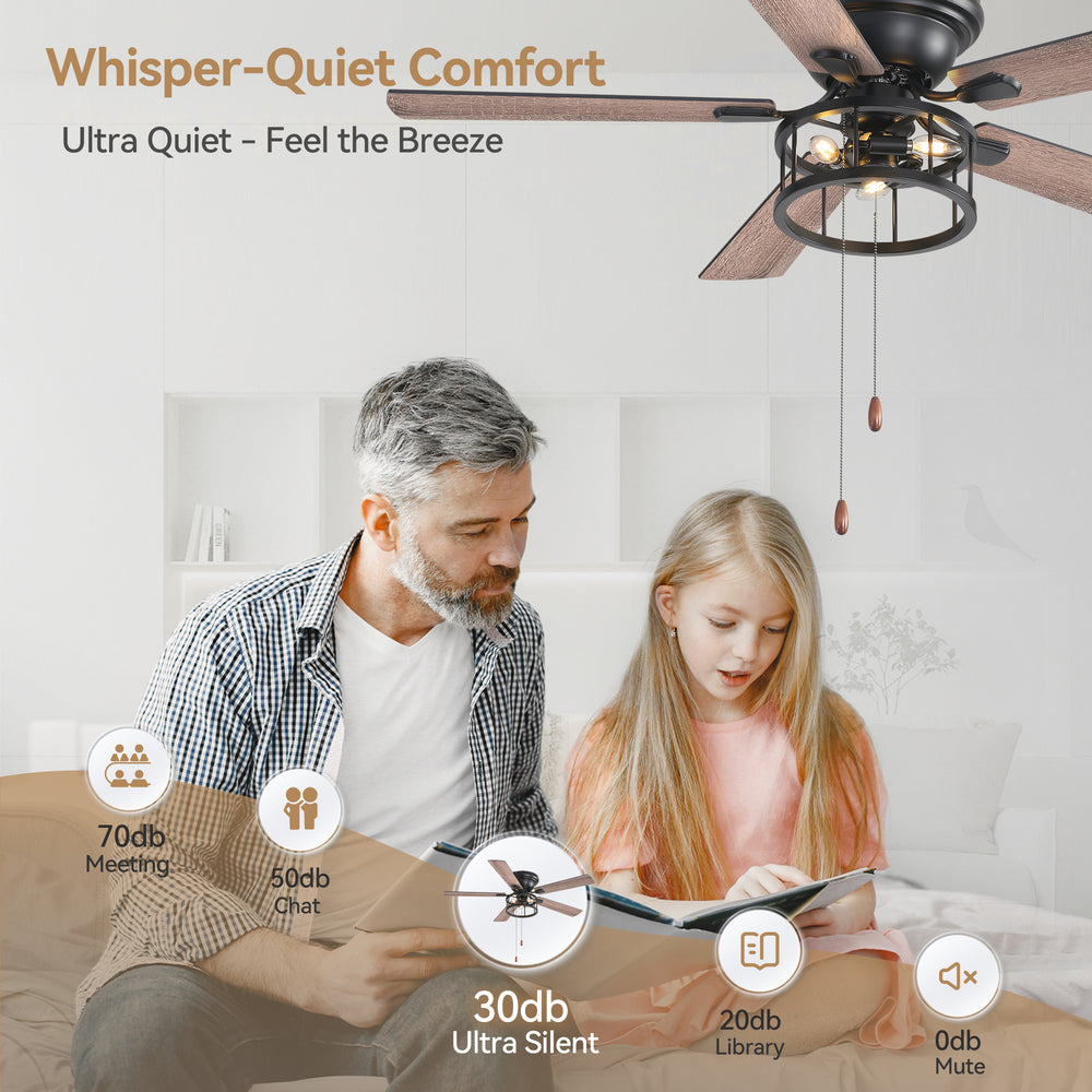 52-inch Indoor Black Ceiling Fan with Light Kit and Pull Chain Included