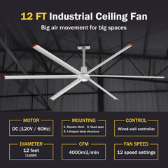 144" HVLS Ceiling Fan, Oversized Industrial Ceiling Fan for Warehouses & Gyms, DC Motor, No Light with 6 Heavy-Duty Aluminum Blades, High Airflow, Silver Finish,Wired Wall-Mounted Controller