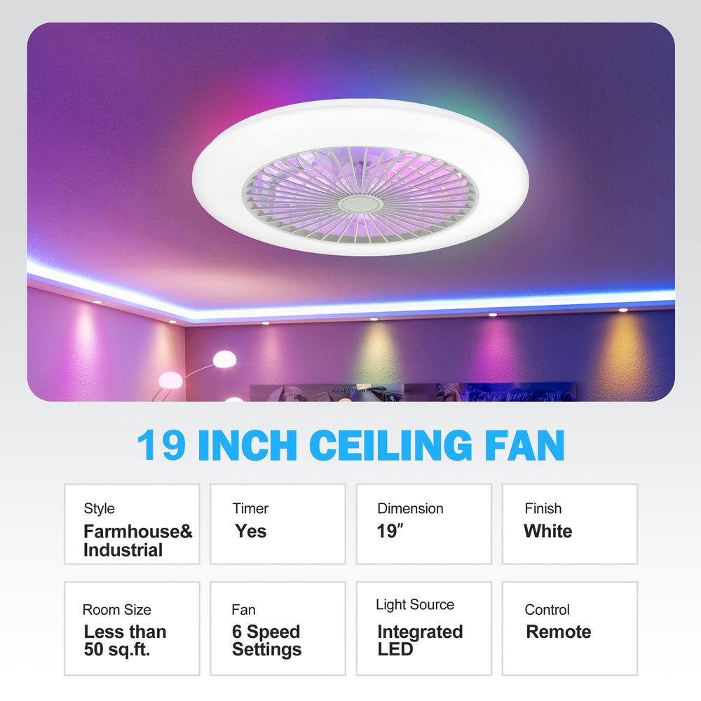 19 Inch Enclosed Low Profile RGB Ceiling Fan Works with Alexa/Google/APP
