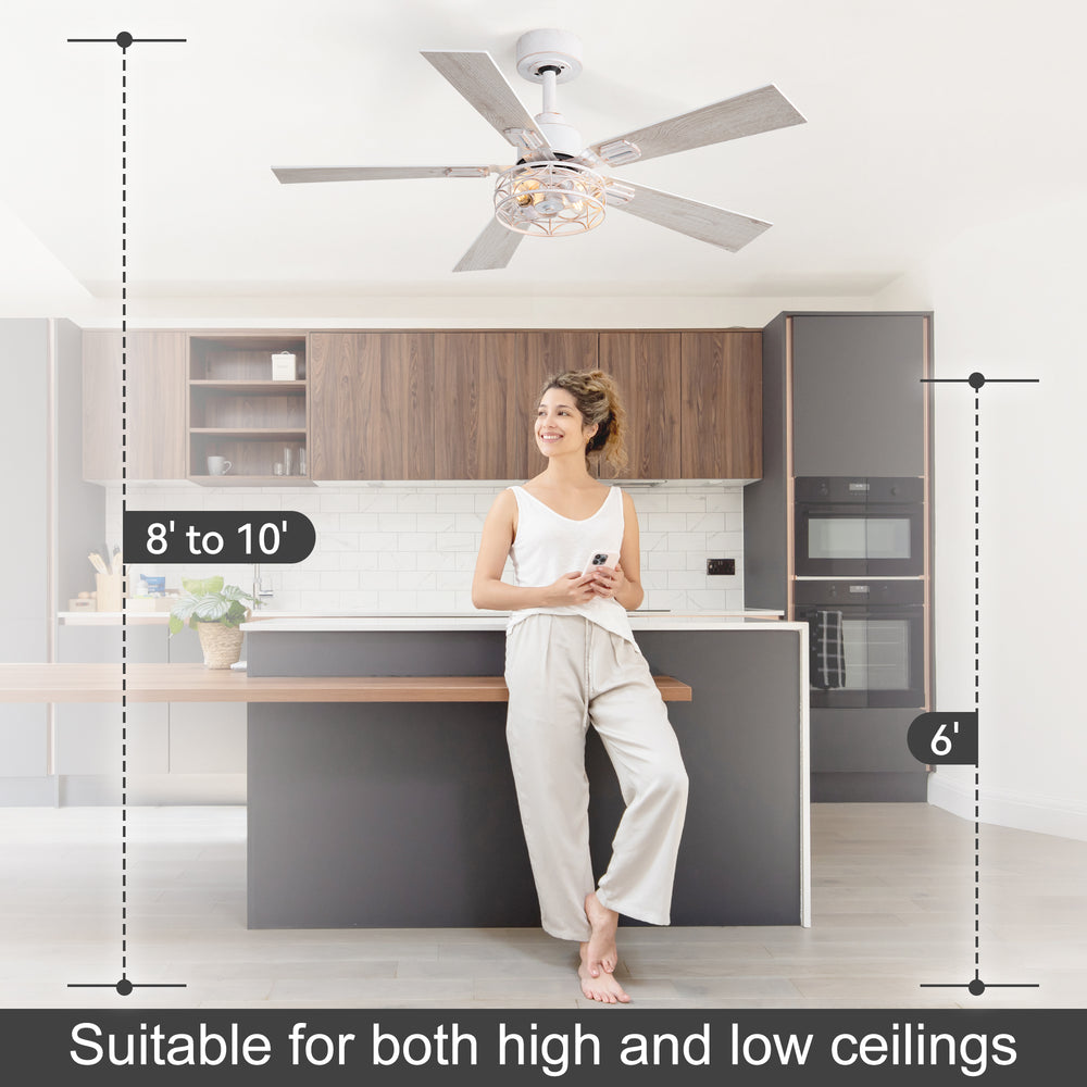 42-inch Ceiling Fan with Distressed White or Matte Black Finish, 5 Reversible Blades, Quiet DC Motor, Remote Control,6" Downrod