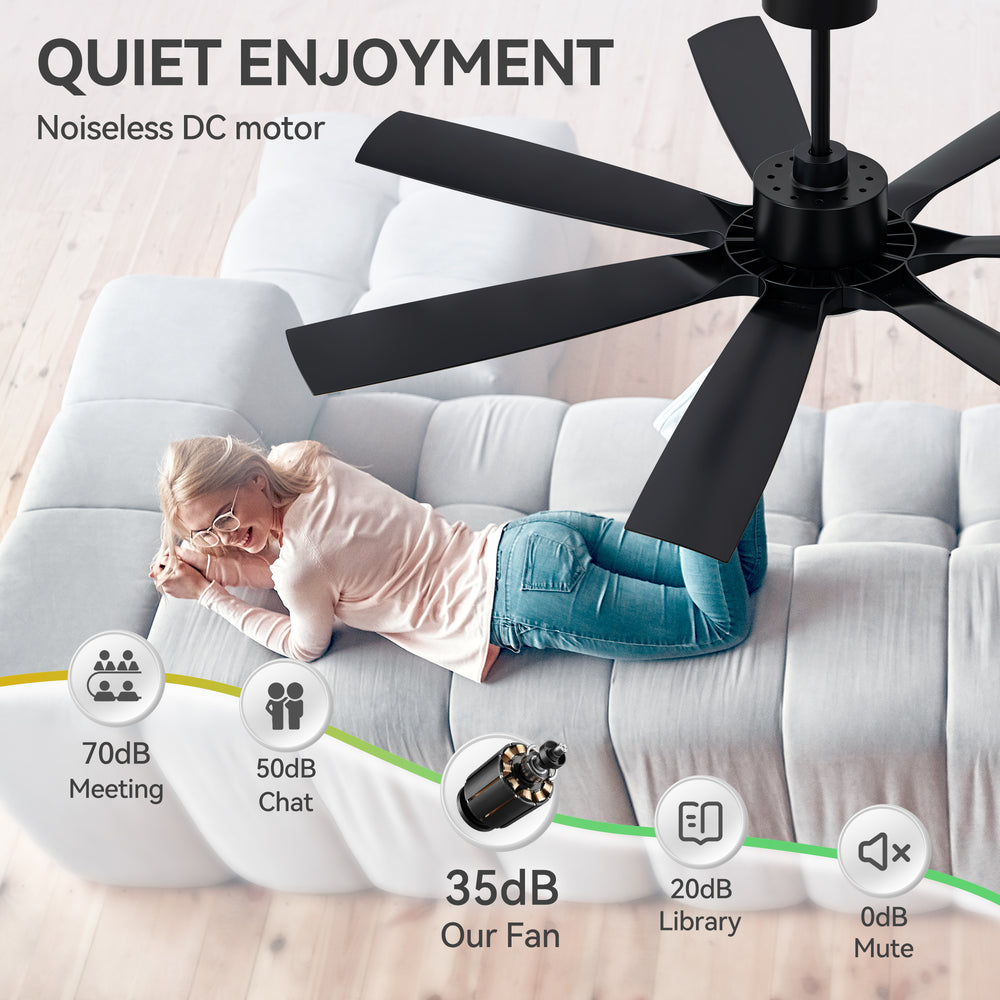 60-inch Modern Matte Black 7-Blade Ceiling Fan with 18W LED Light, 6-Speed DC Motor,Remote,3 Color Temps and Dual Downrods (6" & 12")