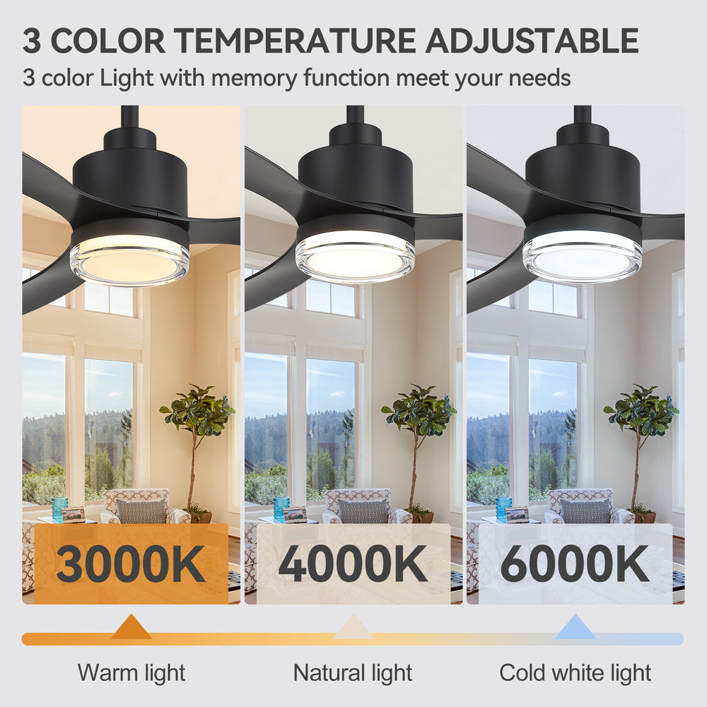 52-Inch Ceiling Fan with Light, Modern Gold/Black Finish, 3 ABS Blades, 18W 3-Color LED with Double-Layer Acrylic Shade, Quiet DC Motor, 6-Speed Reversible, Remote Control with 1/4H Timer, 6-In Downrod, Indoor Use