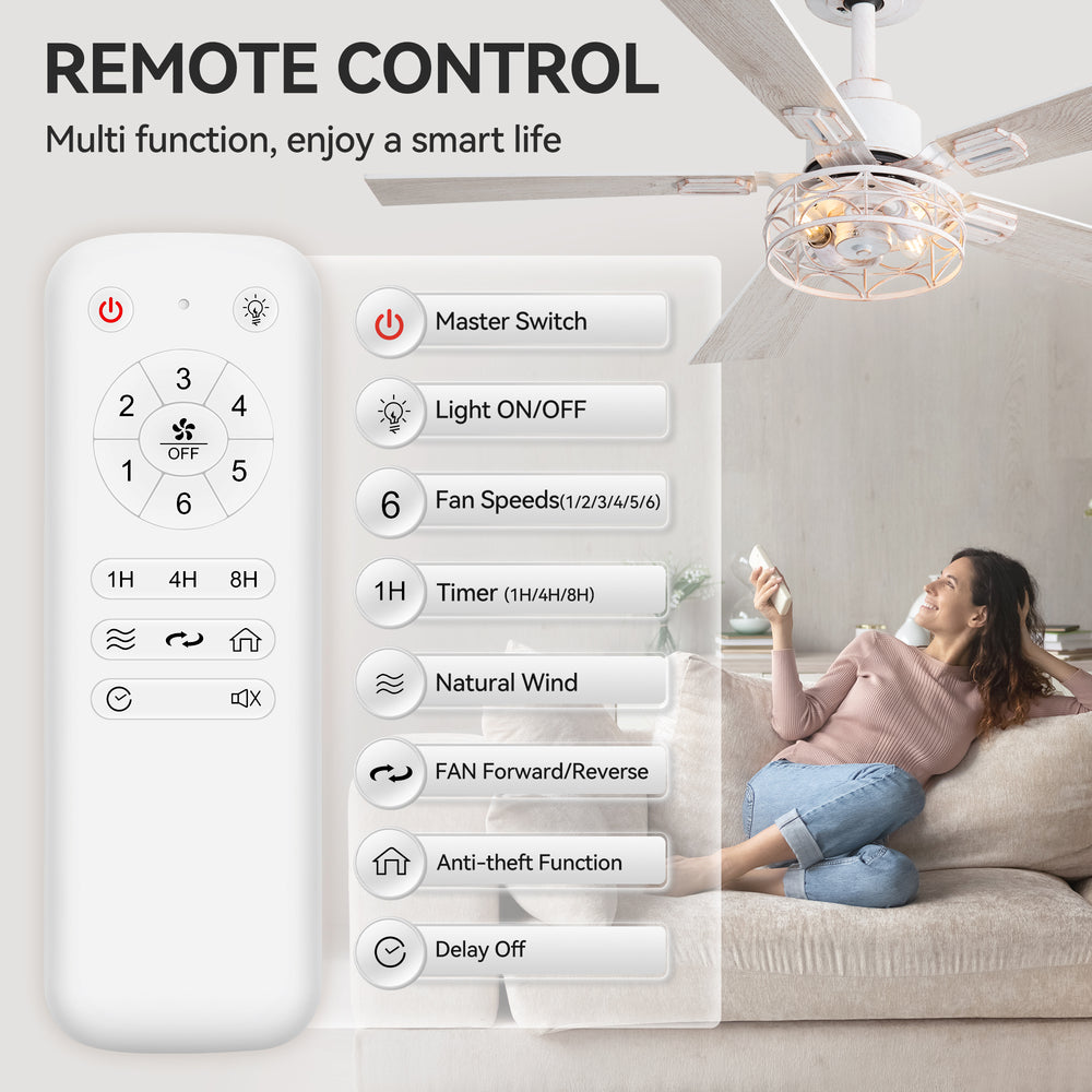 42-inch Ceiling Fan with Distressed White or Matte Black Finish, 5 Reversible Blades, Quiet DC Motor, Remote Control,6" Downrod