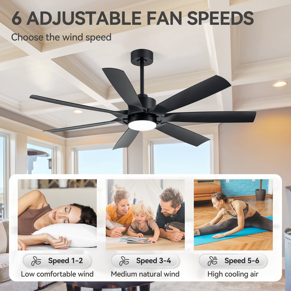 60-inch Modern Matte Black 7-Blade Ceiling Fan with 18W LED Light, 6-Speed DC Motor,Remote,3 Color Temps and Dual Downrods (6" & 12")