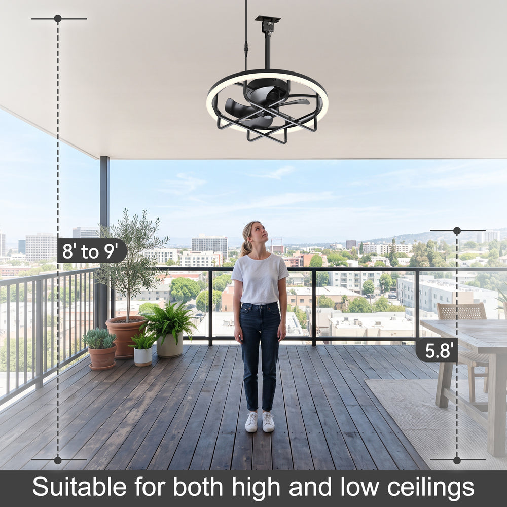 20" Outdoor Ceiling Fan with RGB LED Light, Modern Black Caged Design, Quiet Reversible DC Motor, 6 Speeds, Dimmable, Remote, Timer, Memory