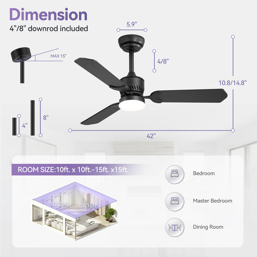 1/2PCS 42-in Reversible 3-Blade Integrated Ceiling Fan with LED Light and Remote,4in and 8in Downrod Included