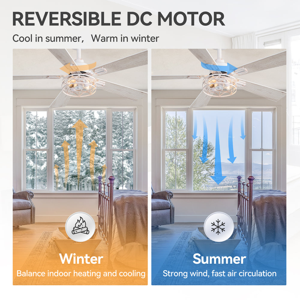 42-inch Ceiling Fan with Distressed White or Matte Black Finish, 5 Reversible Blades, Quiet DC Motor, Remote Control,6" Downrod