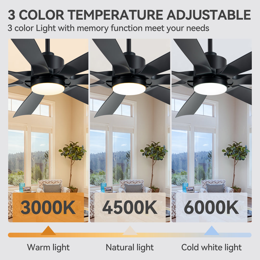 60-inch Modern Matte Black 7-Blade Ceiling Fan with 18W LED Light, 6-Speed DC Motor,Remote,3 Color Temps and Dual Downrods (6" & 12")