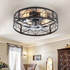 20in Flush Mount Caged Ceiling Fan with Light Remote(7-Blade)