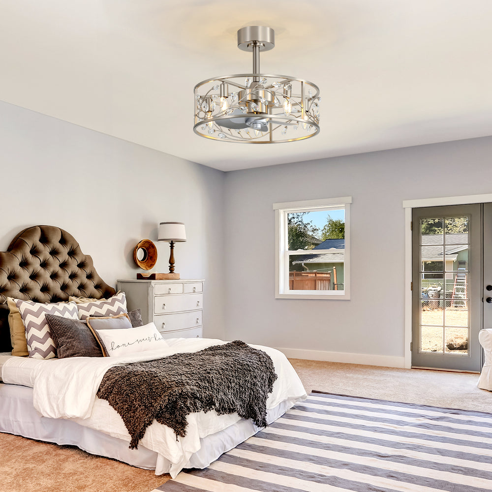 20 Inch Caged Ceiling Fan with Light, Satin Nickel Ceiling Fan with Remote,Compatible with 5*E12 Base Bulbs（Not Included）, Quiet DC Motor, 6-Speed Remote Control, Reversible Airflow, Includes 6” & 10” Downrods