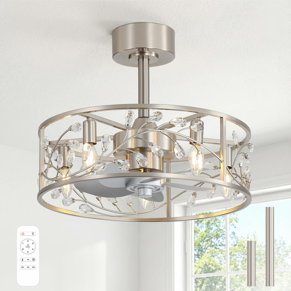 20 Inch Caged Ceiling Fan with Light, Satin Nickel Ceiling Fan with Remote,Compatible with 5*E12 Base Bulbs（Not Included）, Quiet DC Motor, 6-Speed Remote Control, Reversible Airflow, Includes 6” & 10” Downrods