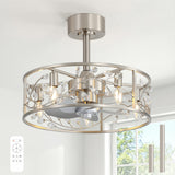20 Inch Caged Ceiling Fan with Light, Satin Nickel Ceiling Fan with Remote,Compatible with 5*E12 Base Bulbs（Not Included）, Quiet DC Motor, 6-Speed Remote Control, Reversible Airflow, Includes 6” & 10” Downrods