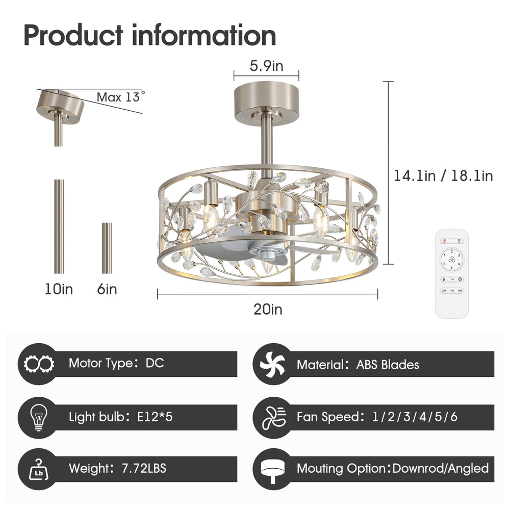 20 Inch Caged Ceiling Fan with Light, Satin Nickel Ceiling Fan with Remote,Compatible with 5*E12 Base Bulbs（Not Included）, Quiet DC Motor, 6-Speed Remote Control, Reversible Airflow, Includes 6” & 10” Downrods