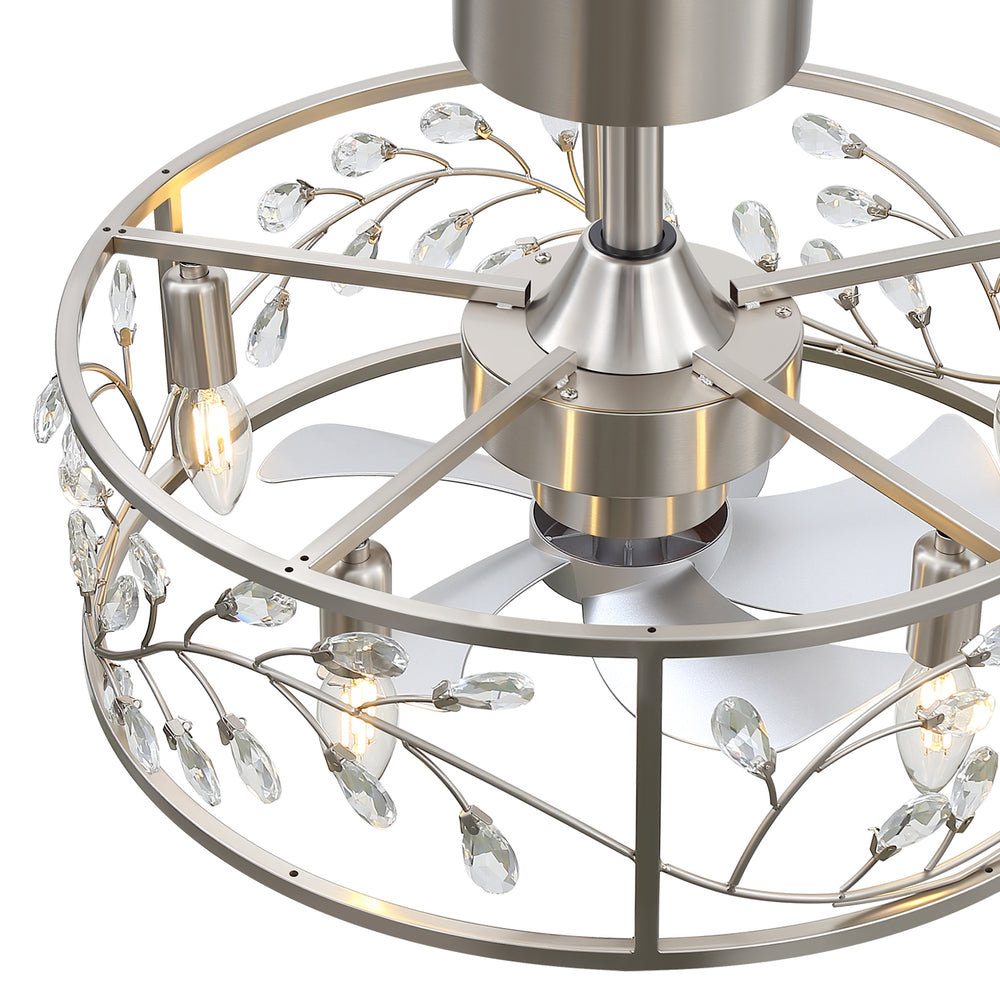 20 Inch Caged Ceiling Fan with Light, Satin Nickel Ceiling Fan with Remote,Compatible with 5*E12 Base Bulbs（Not Included）, Quiet DC Motor, 6-Speed Remote Control, Reversible Airflow, Includes 6” & 10” Downrods