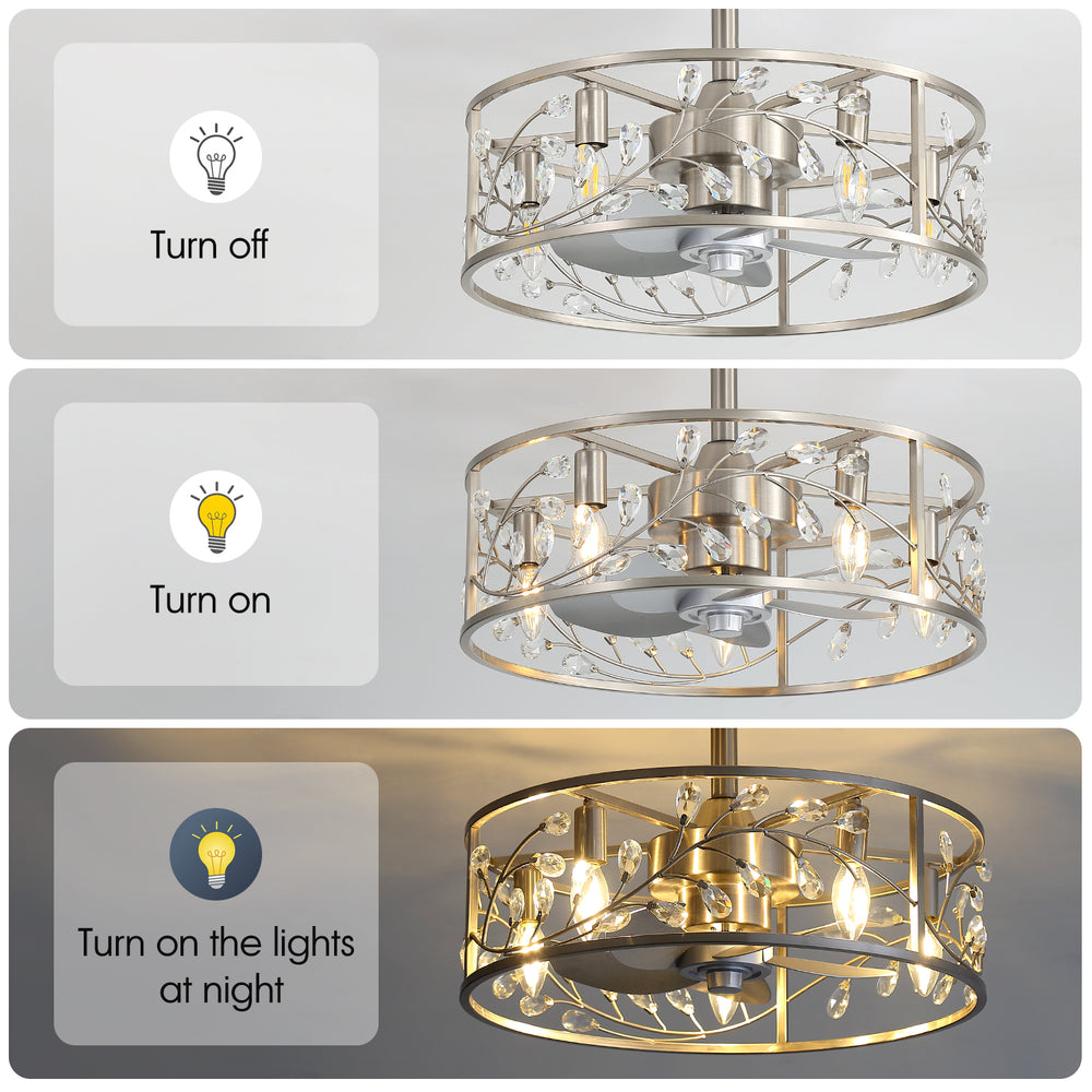 20 Inch Caged Ceiling Fan with Light, Satin Nickel Ceiling Fan with Remote,Compatible with 5*E12 Base Bulbs（Not Included）, Quiet DC Motor, 6-Speed Remote Control, Reversible Airflow, Includes 6” & 10” Downrods