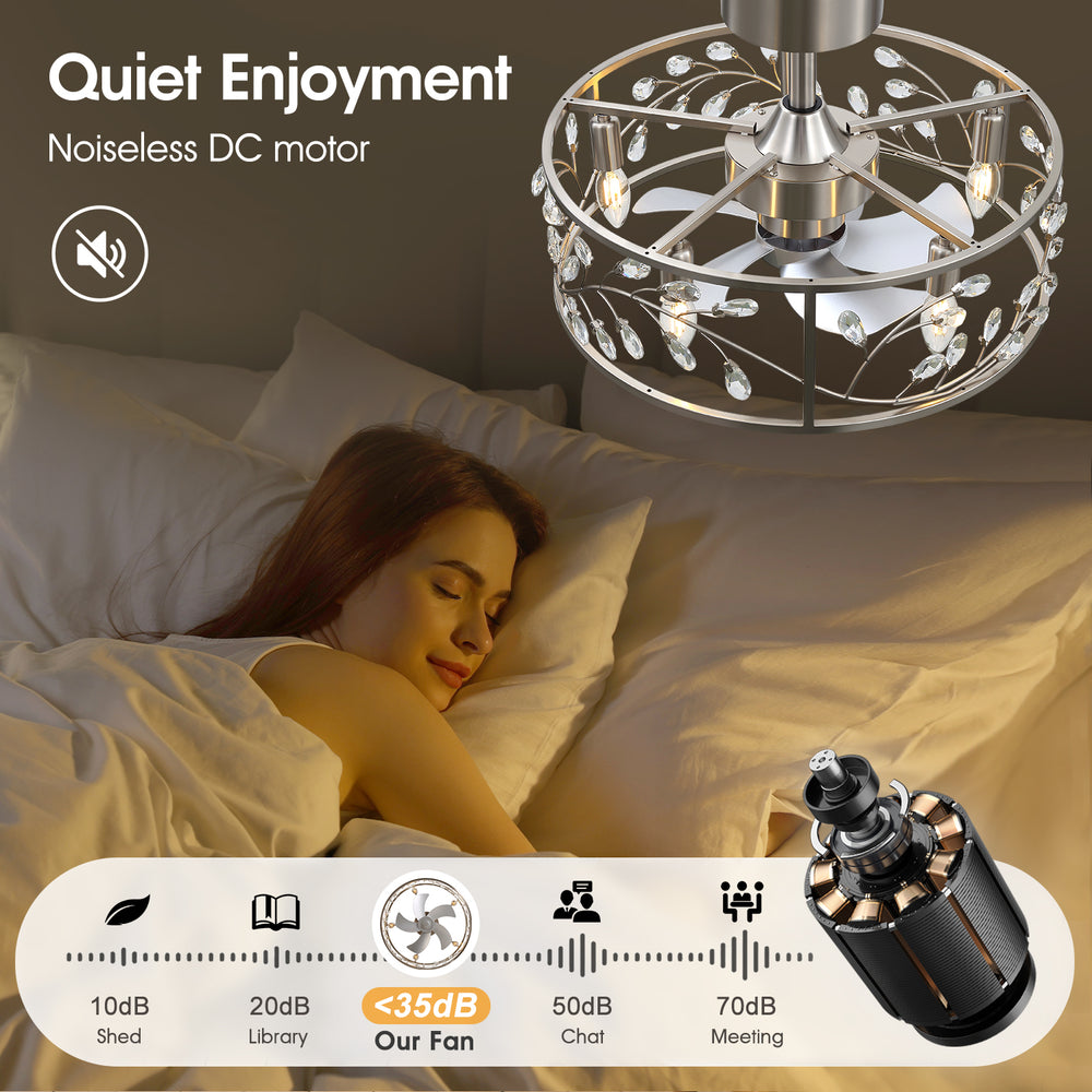 20 Inch Caged Ceiling Fan with Light, Satin Nickel Ceiling Fan with Remote,Compatible with 5*E12 Base Bulbs（Not Included）, Quiet DC Motor, 6-Speed Remote Control, Reversible Airflow, Includes 6” & 10” Downrods