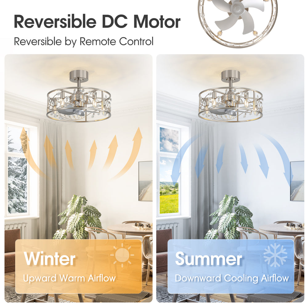 20 Inch Caged Ceiling Fan with Light, Satin Nickel Ceiling Fan with Remote,Compatible with 5*E12 Base Bulbs（Not Included）, Quiet DC Motor, 6-Speed Remote Control, Reversible Airflow, Includes 6” & 10” Downrods
