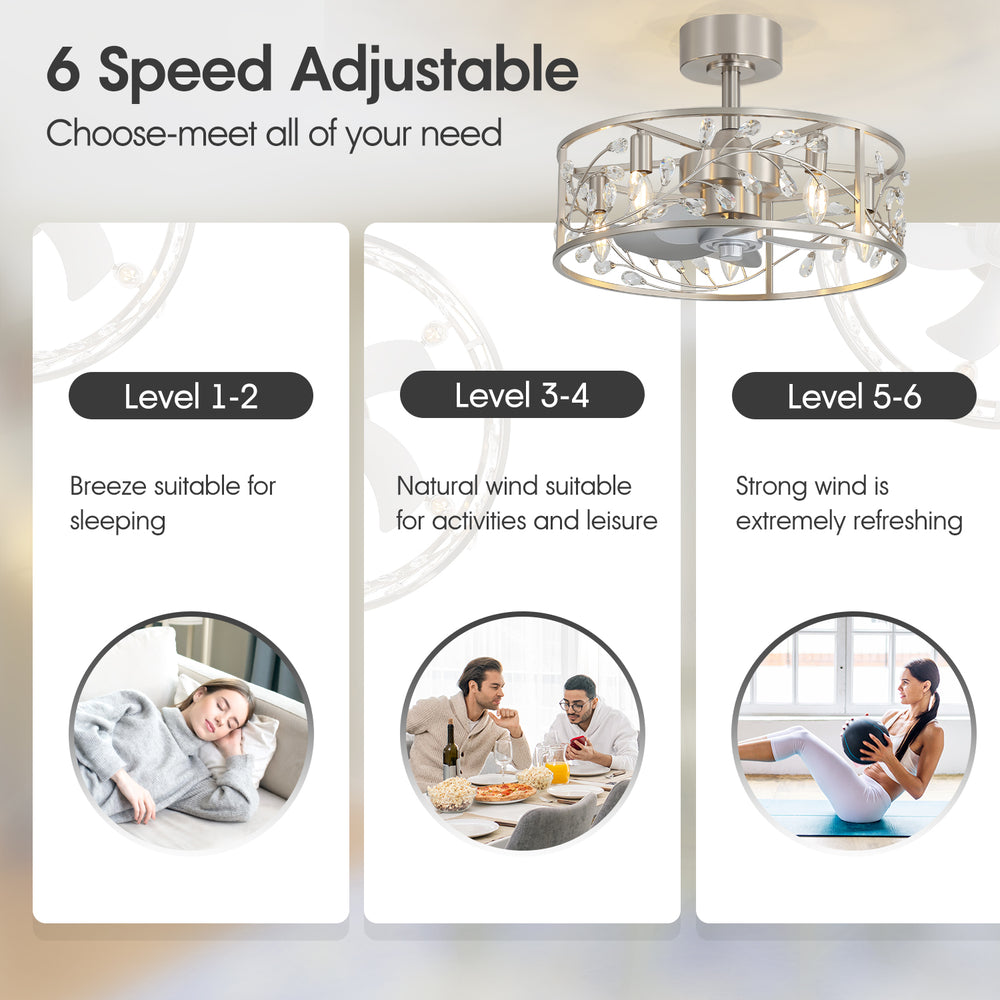 20 Inch Caged Ceiling Fan with Light, Satin Nickel Ceiling Fan with Remote,Compatible with 5*E12 Base Bulbs（Not Included）, Quiet DC Motor, 6-Speed Remote Control, Reversible Airflow, Includes 6” & 10” Downrods
