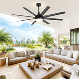 AeroSpan Lux 65-inch black 8-blade ceiling fan in an outdoor living space