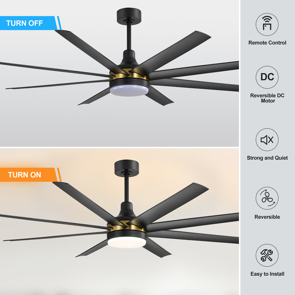 65-Inch BlackGold Industrial Ceiling Fan with Light and Remote, 8 ABS Blades, Quiet Reversible DC Motor, 6-Speed, Timer Function, 3 Color LED Light Chandelier