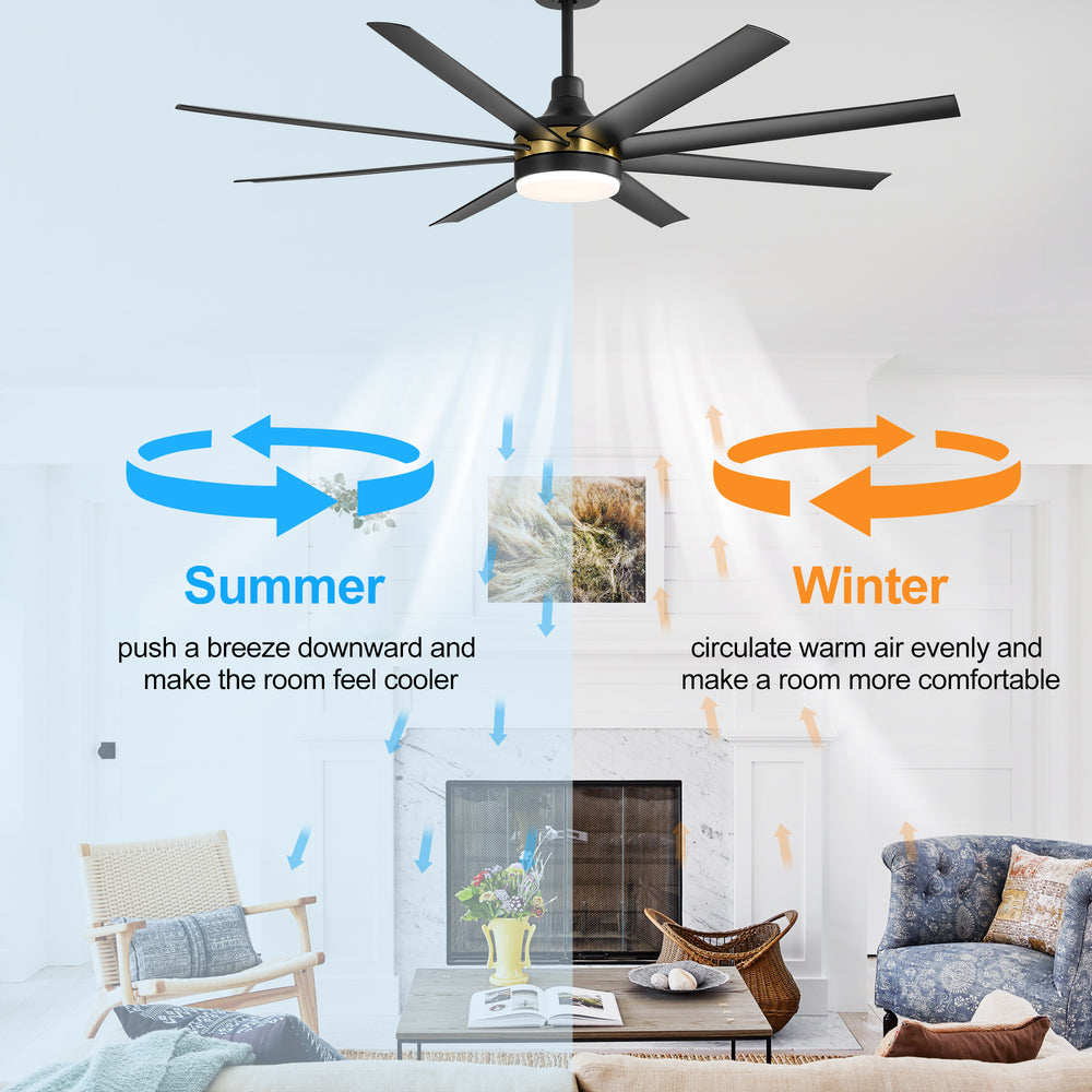 65-Inch BlackGold Industrial Ceiling Fan with Light and Remote, 8 ABS Blades, Quiet Reversible DC Motor, 6-Speed, Timer Function, 3 Color LED Light Chandelier