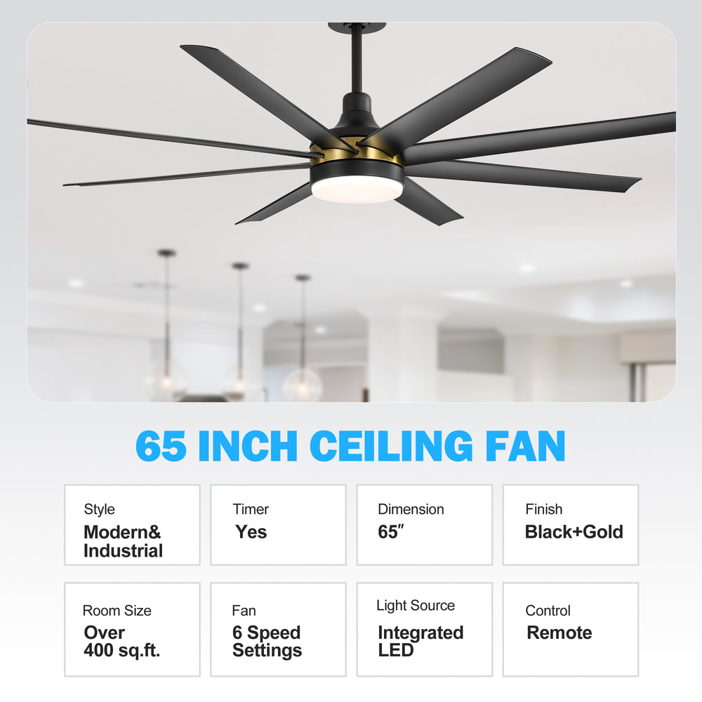 65-Inch BlackGold Industrial Ceiling Fan with Light and Remote, 8 ABS Blades, Quiet Reversible DC Motor, 6-Speed, Timer Function, 3 Color LED Light Chandelier