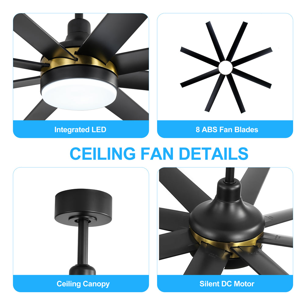 65-Inch BlackGold Industrial Ceiling Fan with Light and Remote, 8 ABS Blades, Quiet Reversible DC Motor, 6-Speed, Timer Function, 3 Color LED Light Chandelier