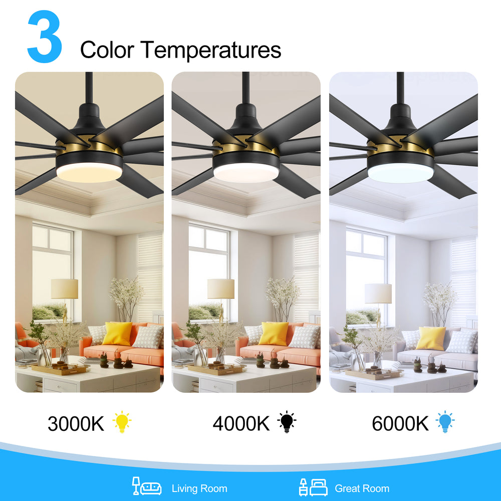 65-Inch BlackGold Industrial Ceiling Fan with Light and Remote, 8 ABS Blades, Quiet Reversible DC Motor, 6-Speed, Timer Function, 3 Color LED Light Chandelier