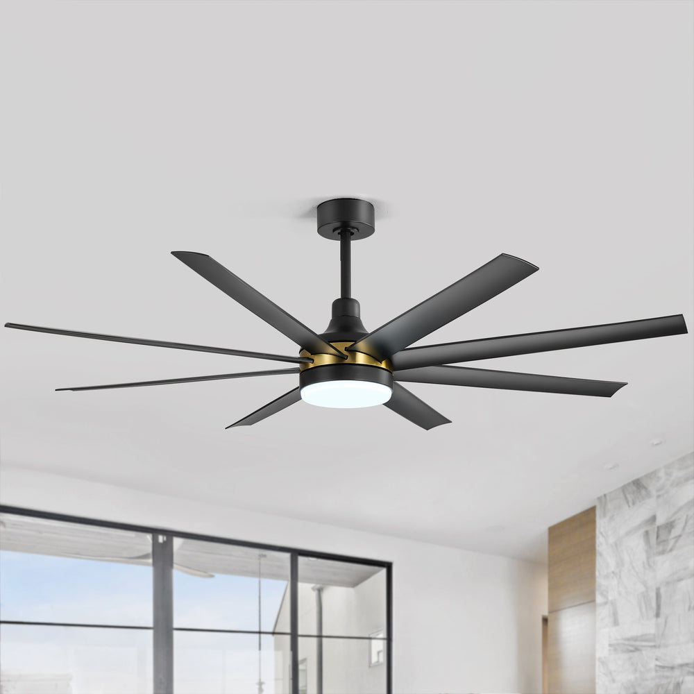 65-Inch BlackGold Industrial Ceiling Fan with Light and Remote, 8 ABS Blades, Quiet Reversible DC Motor, 6-Speed, Timer Function, 3 Color LED Light Chandelier