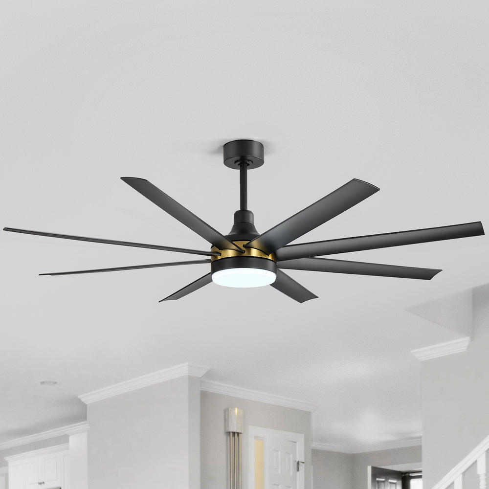 65-Inch BlackGold Industrial Ceiling Fan with Light and Remote, 8 ABS Blades, Quiet Reversible DC Motor, 6-Speed, Timer Function, 3 Color LED Light Chandelier
