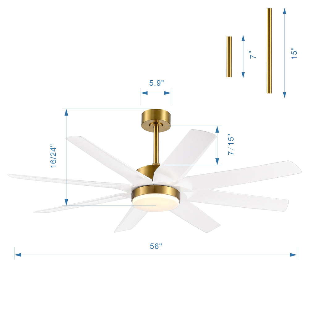 56 Inch 8-Blade Integrated LED Ceiling Fan with Light Remote, 7" and 15" Downrod included