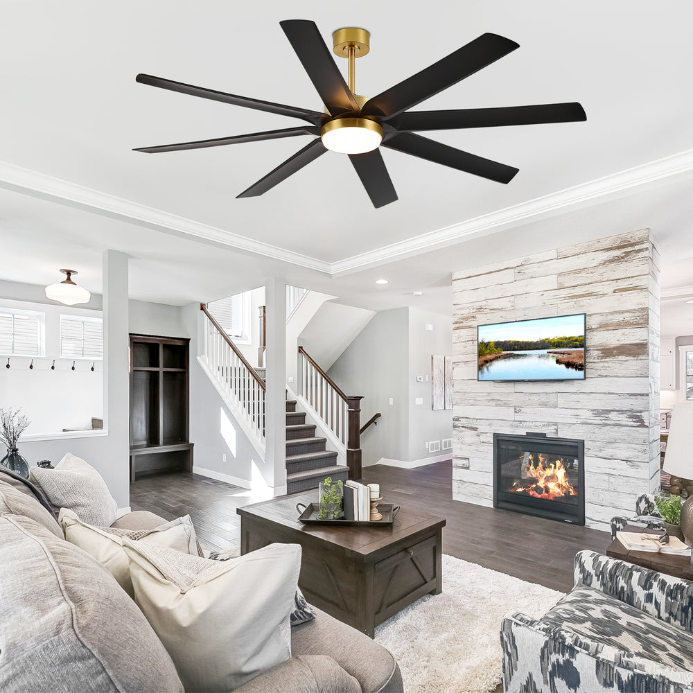 Gold & Black Ceiling Fans with LED Lights, 70 Inch 8-Blade Ceiling Fan Remote Control, Industrial Ceiling Fan with Reversible DC Motor, Downrod Mount LED Ceiling Light for Bedroom