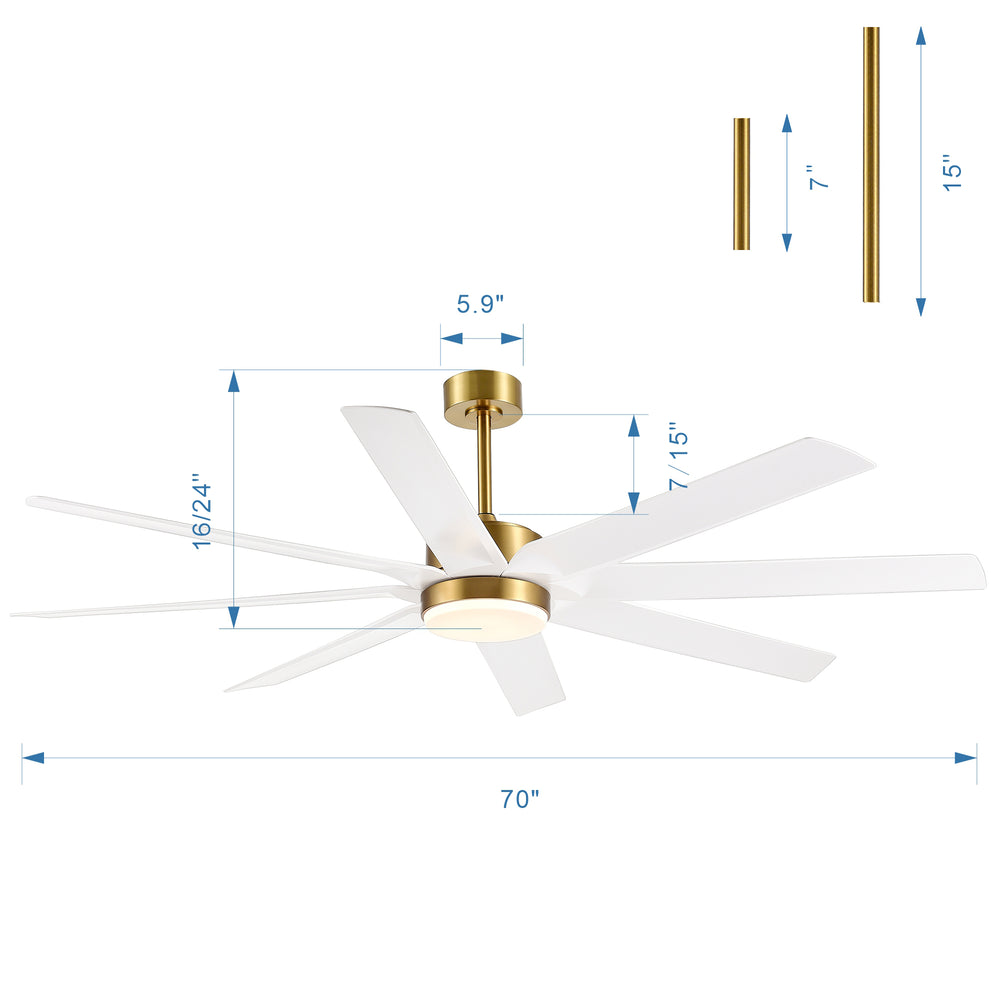 Gold & Black Ceiling Fans with LED Lights, 70 Inch 8-Blade Ceiling Fan Remote Control, Industrial Ceiling Fan with Reversible DC Motor, Downrod Mount LED Ceiling Light for Bedroom