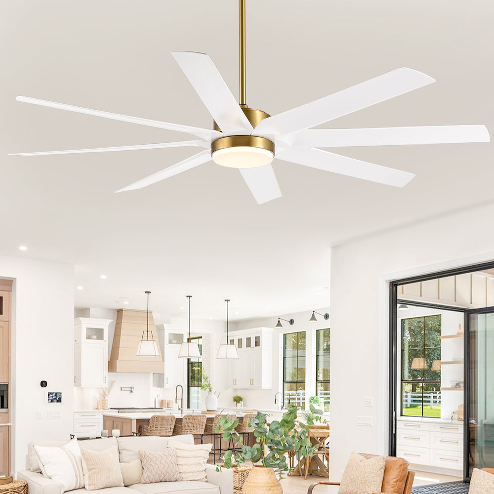 Gold & Black Ceiling Fans with LED Lights, 70 Inch 8-Blade Ceiling Fan Remote Control, Industrial Ceiling Fan with Reversible DC Motor, Downrod Mount LED Ceiling Light for Bedroom
